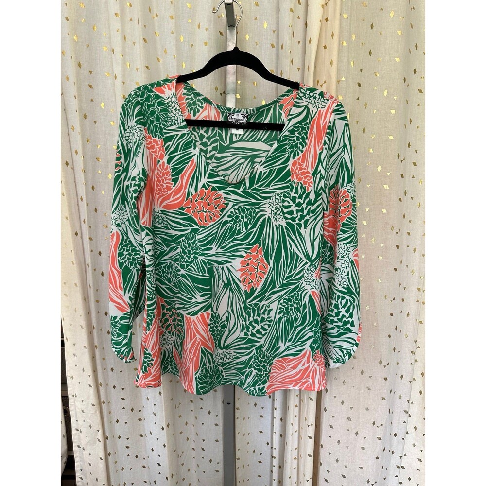Manuhealii Hawaiian Tropical Ginger Awapuhi Quarter Bell Sleeve Blouse M